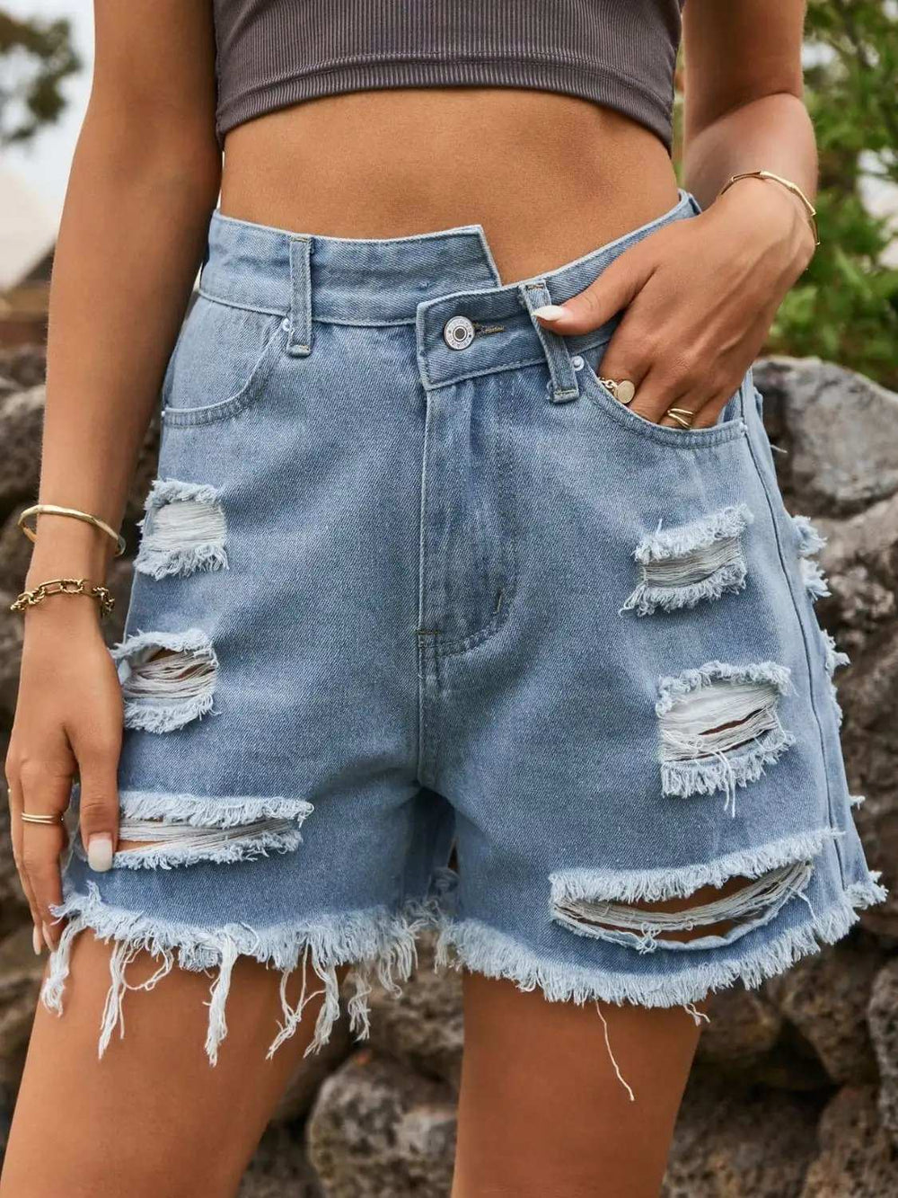Distressed Raw Hem Denim Shorts - Trendsi - Flyclothing LLC