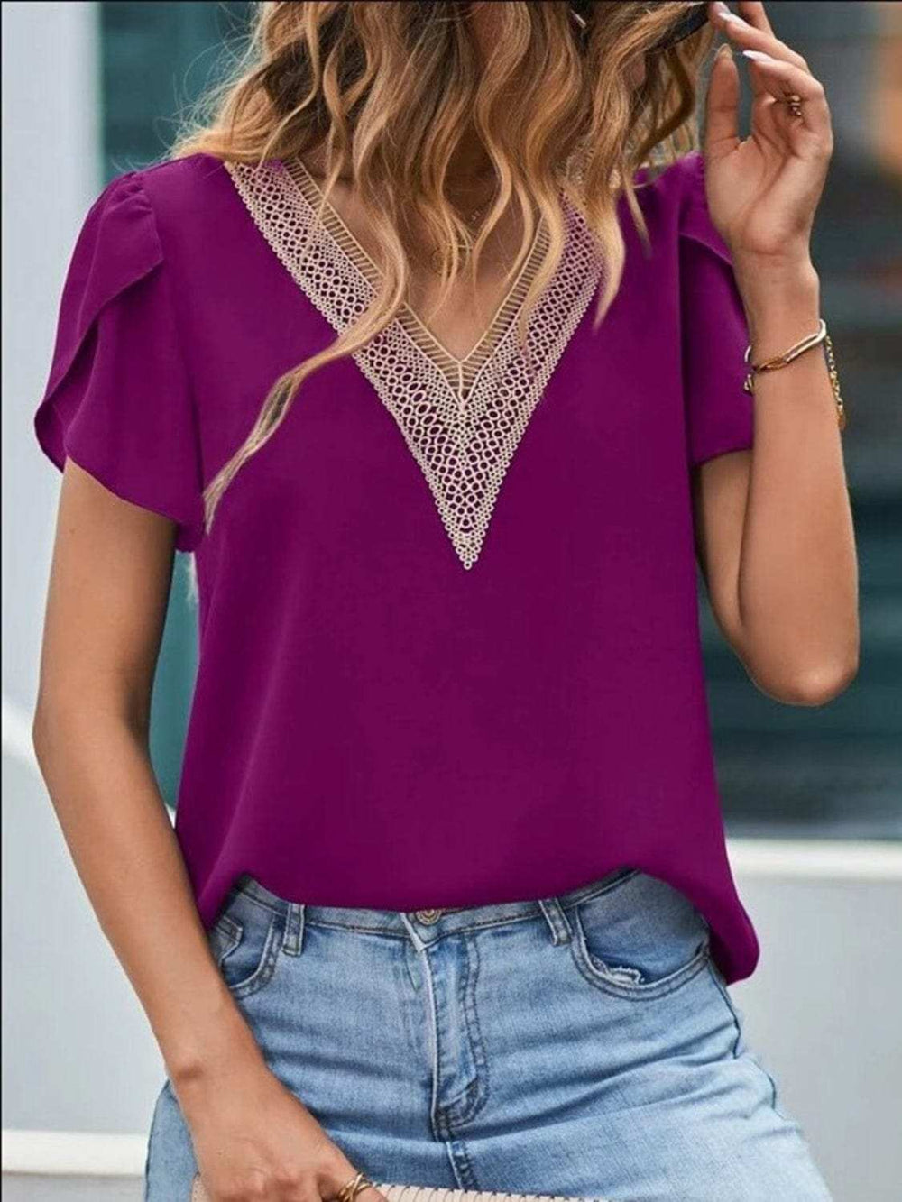 V-Neck Petal Sleeve Blouse - Trendsi - Flyclothing LLC