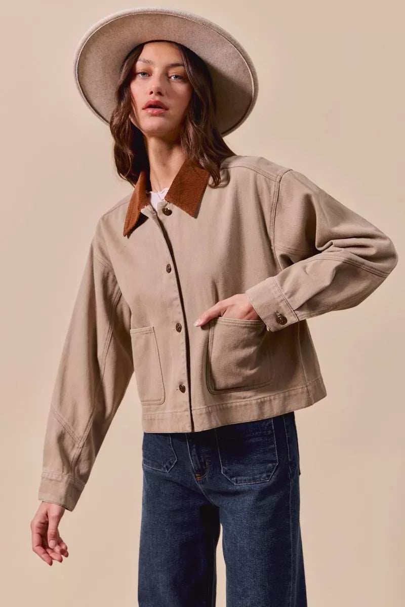 SO ME Cotton Twill Cropped Barn Jacket wtih Collar - Trendsi - Flyclothing LLC