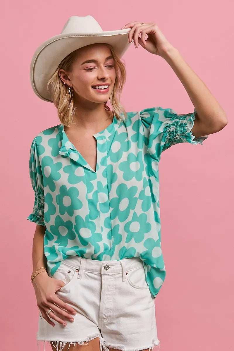 BiBi Flower Printed Woven Smocking Sleeves V Neck Top - Trendsi - Flyclothing LLC