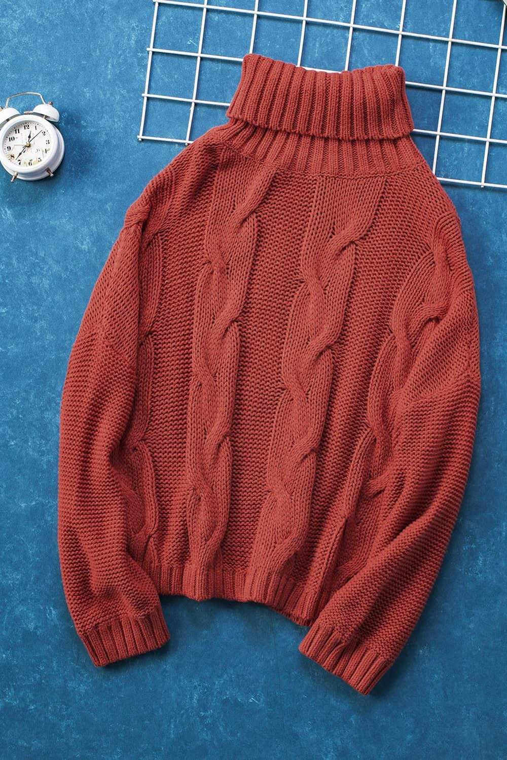 Cable-Knit Turtleneck Dropped Shoulder Sweater - Trendsi - Flyclothing LLC