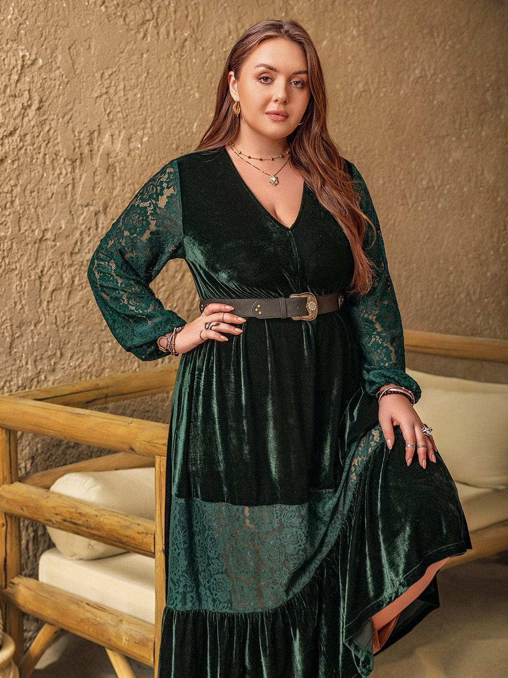Plus Size Lace Patchwork V-Neck Balloon Sleeve Midi Dress - Trendsi - Flyclothing LLC