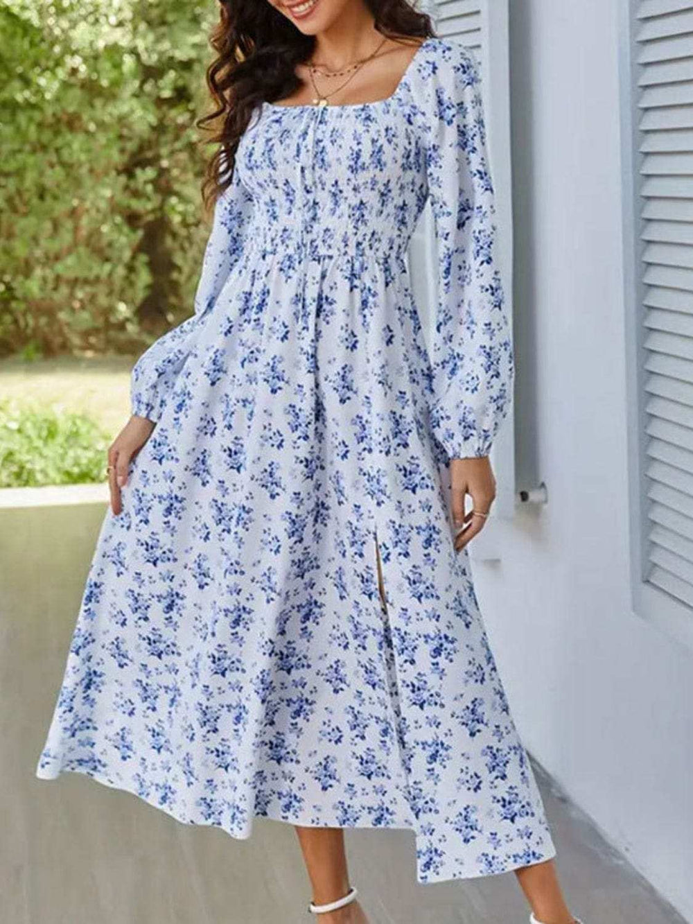 Slit Smocked Floral Square Neck Balloon Sleeve Midi Dress - Trendsi - Flyclothing LLC