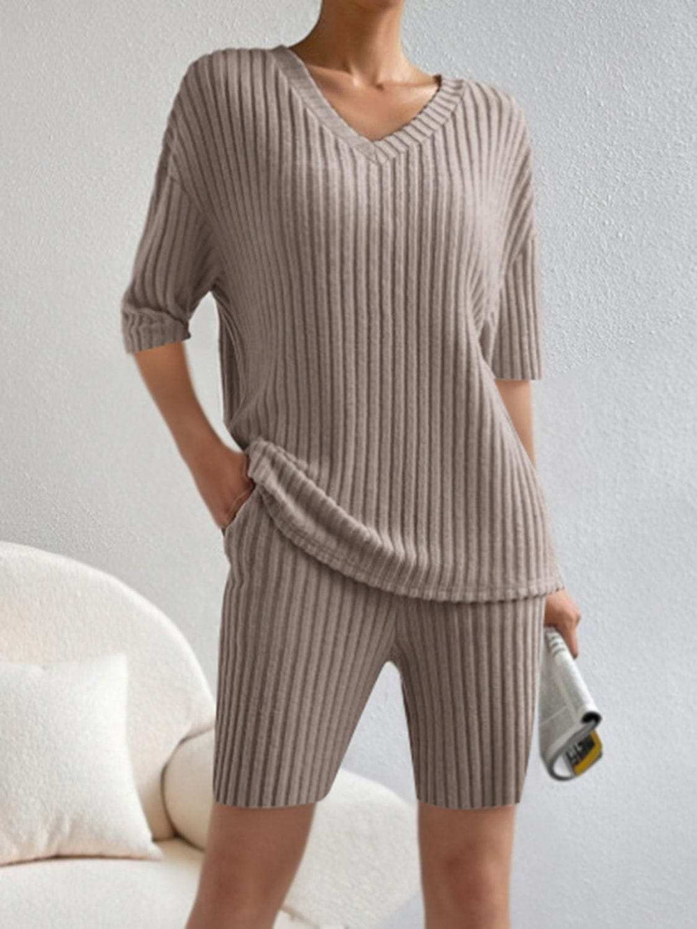 Ribbed V-Neck Top and Shorts Set - Trendsi - Flyclothing LLC