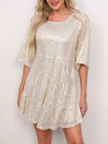 Sequin Round Neck Half Sleeve Mini Dress - Trendsi - Flyclothing LLC
