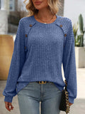 Decor Button Long Sleeve Ribbed T-Shirt - Trendsi - Flyclothing LLC