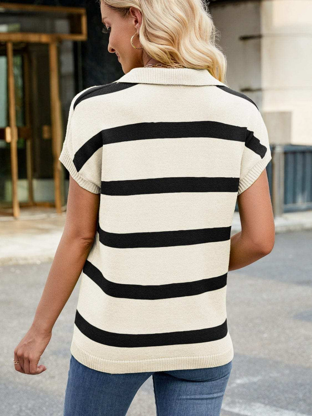 Striped Johnny Collar Cap Sleeve Sweater - Trendsi - Flyclothing LLC
