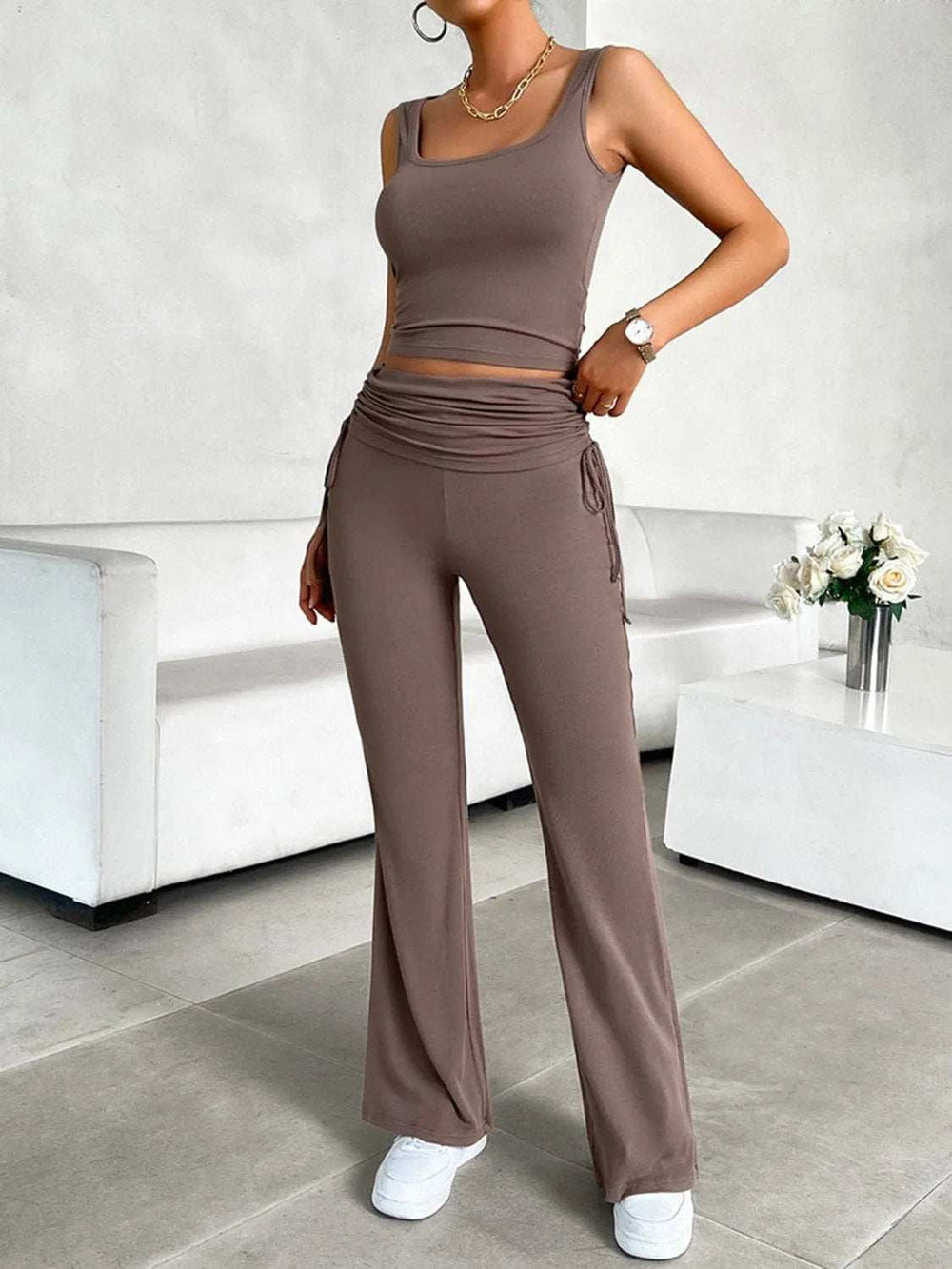 Square Neck Tank and Drawstring Pants Set - Trendsi - Flyclothing LLC