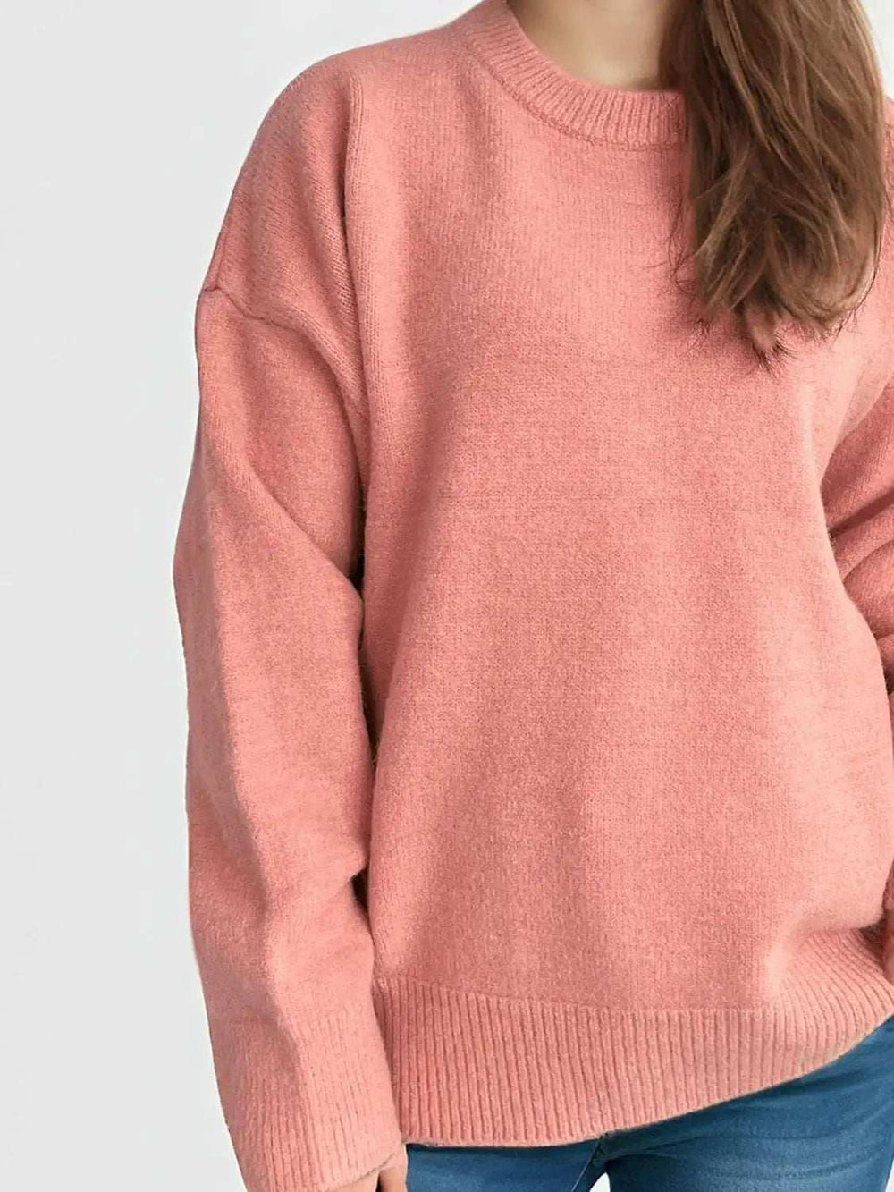 Round Neck Dropped Shoulder Long Sleeve Sweater - Trendsi - Flyclothing LLC