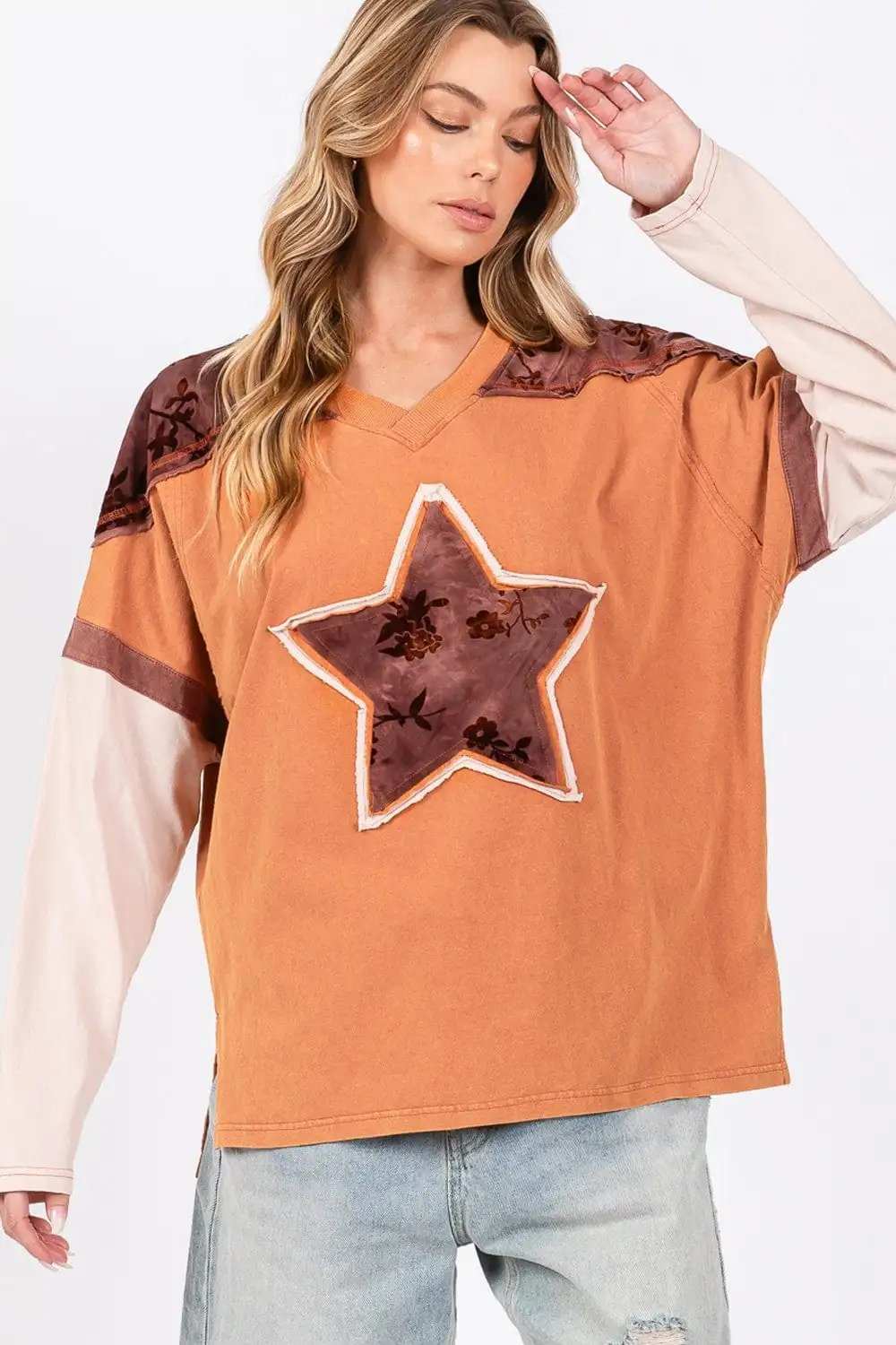SAGE + FIG Star Patch Long Sleeve Color Block T-Shirt - Trendsi - Flyclothing LLC