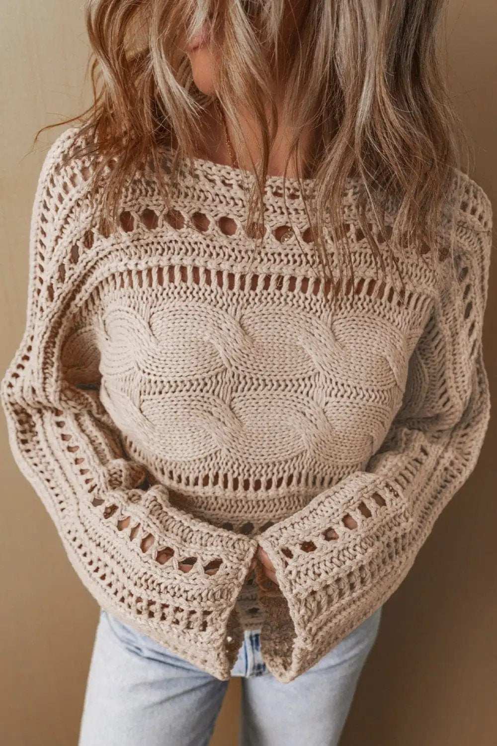 Cable-Knit Openwork Long Sleeve Sweater - Trendsi - Flyclothing LLC