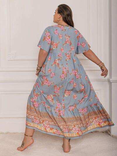 Plus Size Printed Tie Neck Flutter Sleeve Maxi Dress - Trendsi - Flyclothing LLC