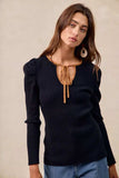 BiBi Ribbed Contrast Front Tied Top with Shrried - Trendsi - Flyclothing LLC