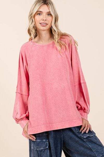 Mittoshop Mineral Wash Raglan Long Sleeve Oversized Top - Trendsi - Flyclothing LLC