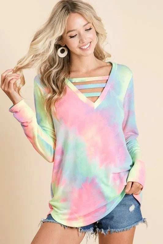 BiBi Tie Dye French Terry V-Neck Top with Strapped - Trendsi - Flyclothing LLC