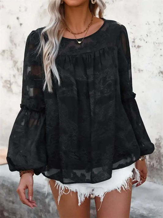 Round Neck Balloon Sleeve Blouse - Trendsi - Flyclothing LLC