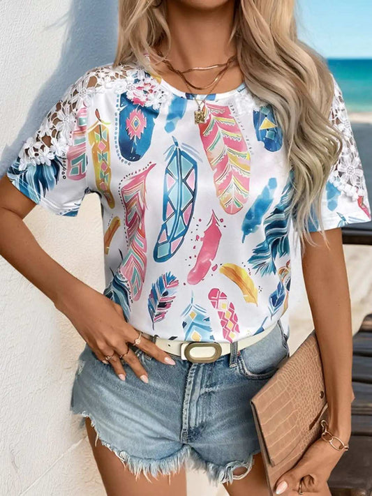 Printed Round Neck Lace Short Sleeve Top - Trendsi - Flyclothing LLC