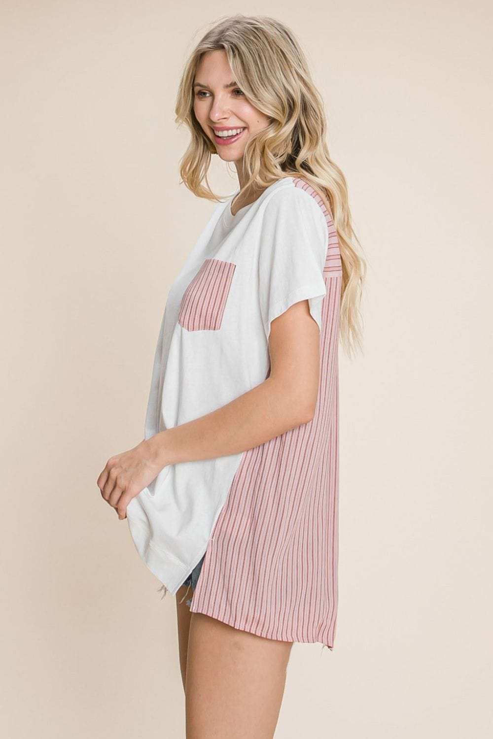 Cotton Bleu by Nu Label Contrast Striped Short Sleeve T-Shirt - Trendsi - Flyclothing LLC