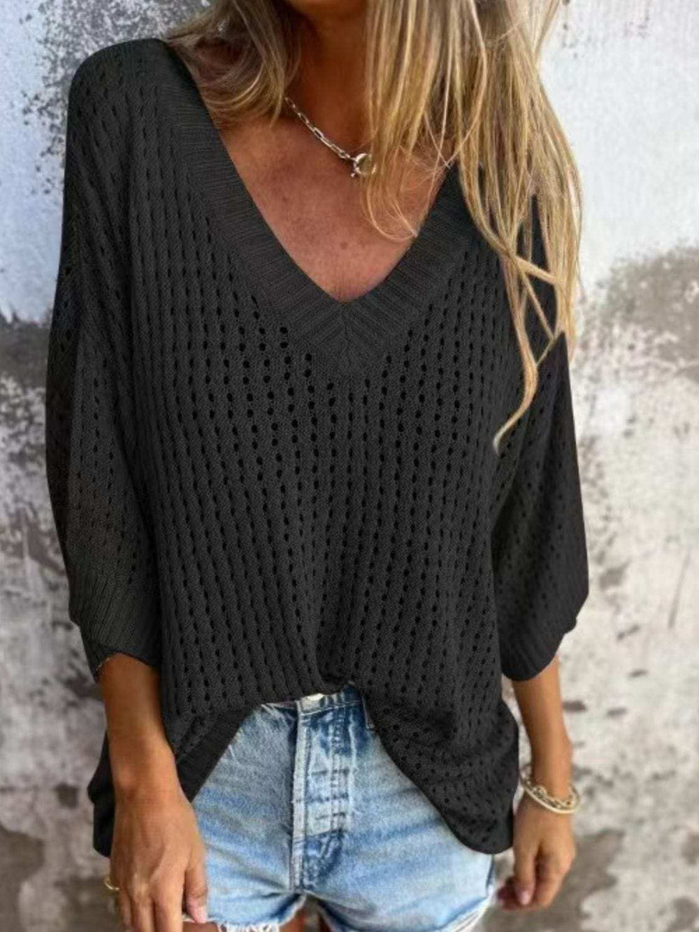 Full Size Openwork V-Neck Knit Cover Up Plus Size - Trendsi - Flyclothing LLC