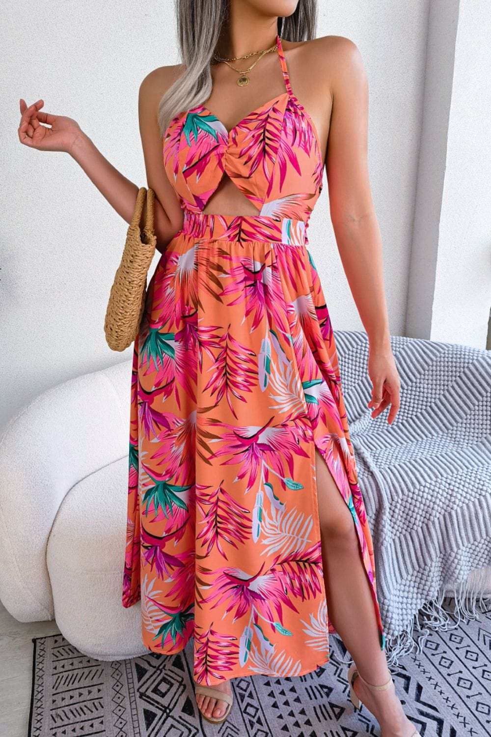 Botanical Print Tied Backless Cutout Slit Dress - Trendsi - Flyclothing LLC