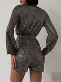 Full Size Sequin Surplice Tie Waist Long Sleeve Romper - Trendsi - Flyclothing LLC