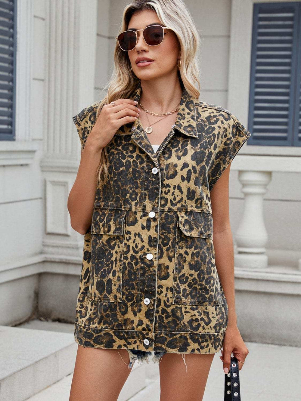 Leopard Buttton Up Denim Vest - Trendsi - Flyclothing LLC