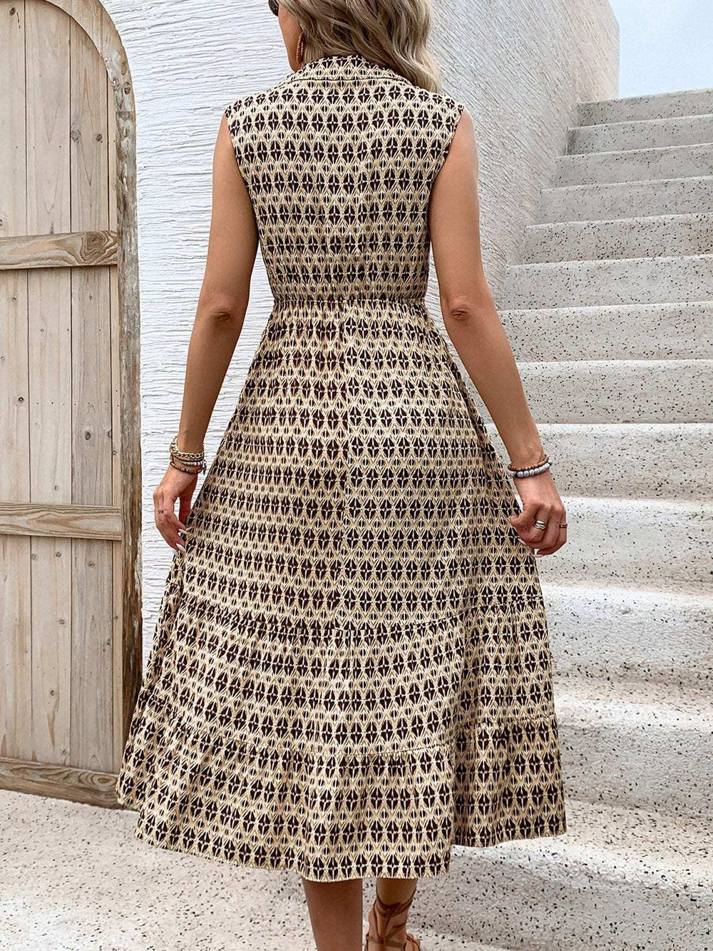 Printed Johnny Collar Midi Dress - Trendsi - Flyclothing LLC