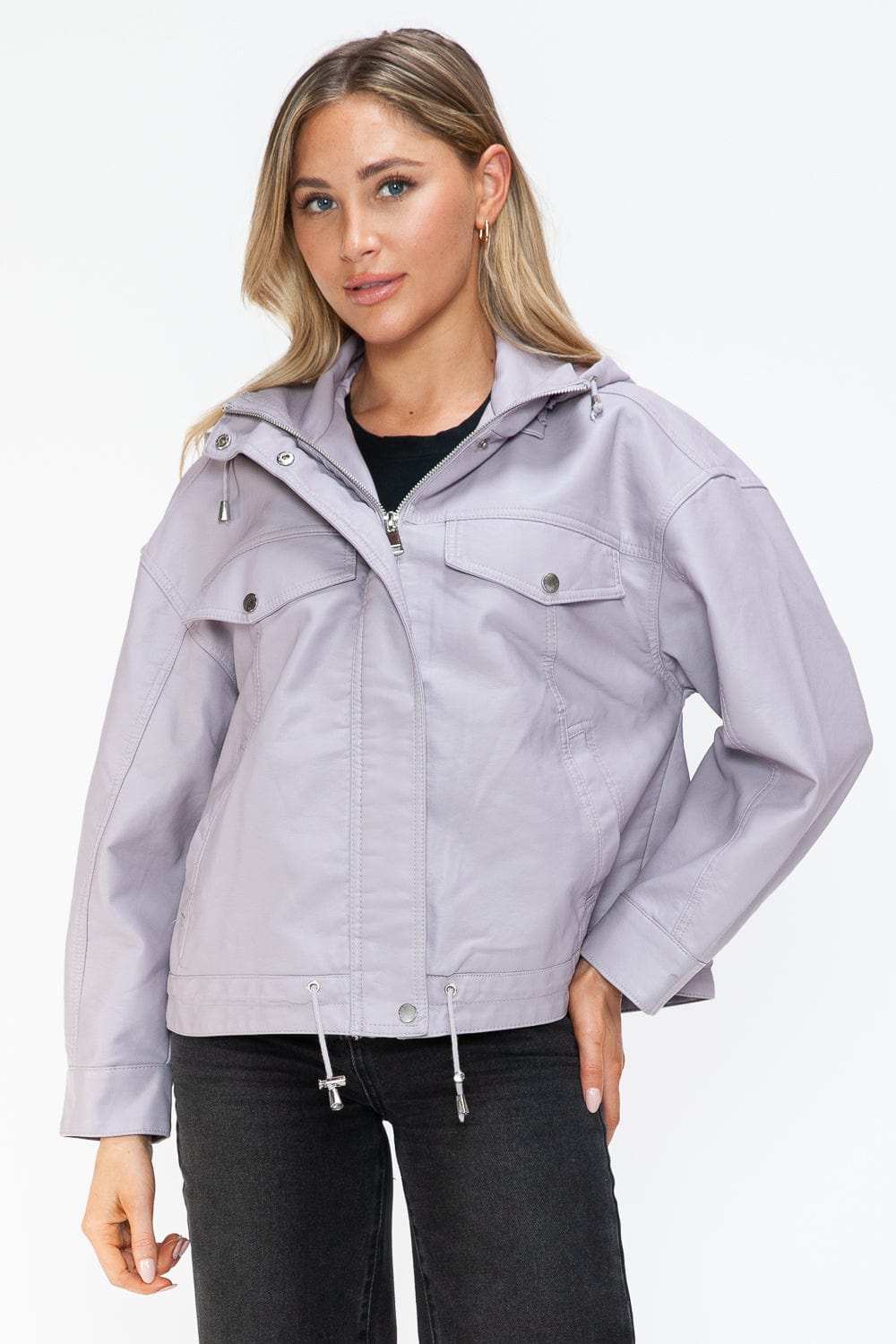 How Dare U Drawstring Hem PU Leather Zip Up Jacket - Trendsi - Flyclothing LLC