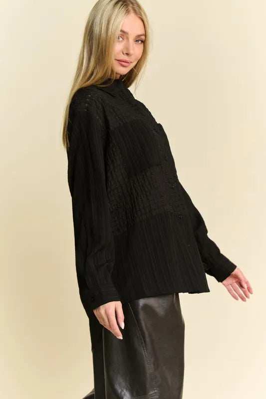 Davi & Dani Crinkled Jacquard Button Down Shirt - Trendsi - Flyclothing LLC