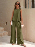 Round Neck Sleeveless Top and Wide Leg Pants Set - Trendsi - Flyclothing LLC