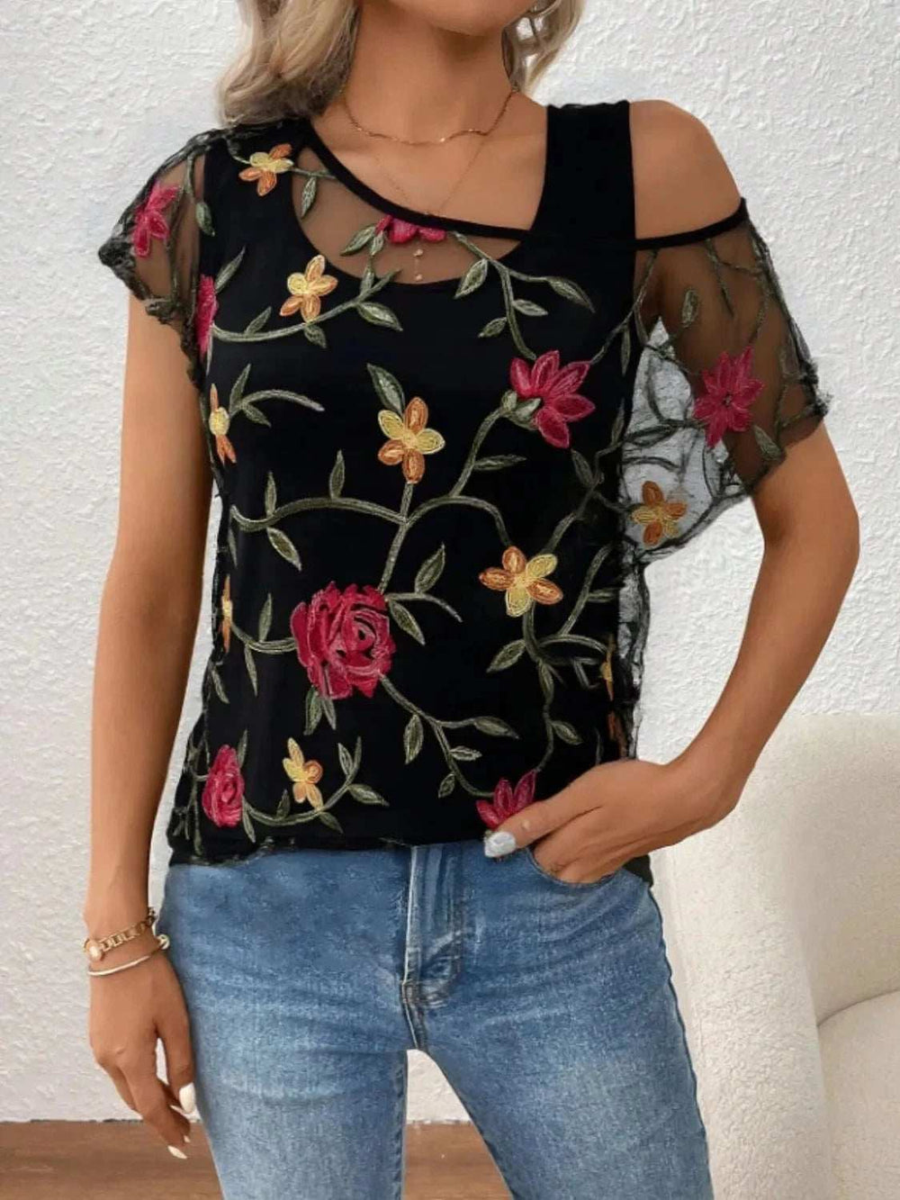 Floral Short Sleeve Sheer Top - Trendsi - Flyclothing LLC