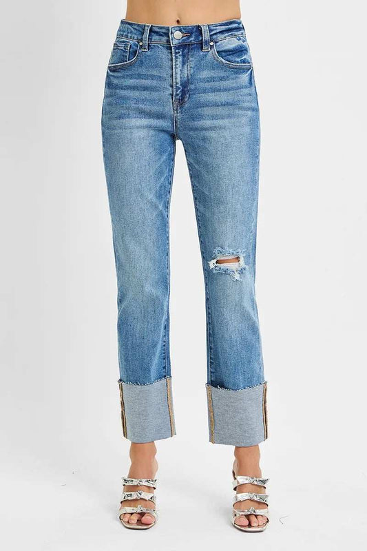 RISEN Full Size High Rise Ankle Straight Wide Cuffed Jeans Plus Size - Trendsi - Flyclothing LLC