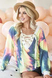 BiBi Tie Dye Deep V-Neck Top with Lace Up Front - Trendsi - Flyclothing LLC
