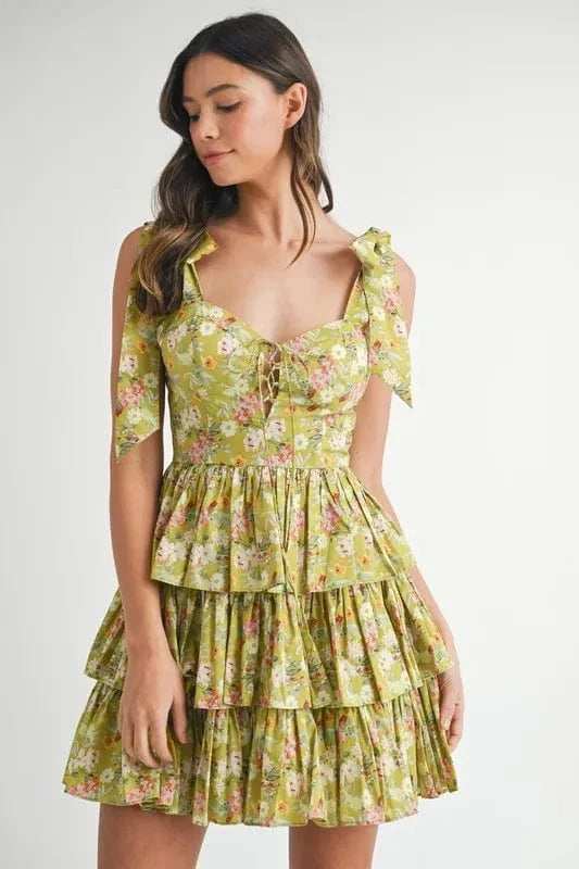 MABLE Floral Print Shoulder Tie Layered Mini Dress - Trendsi - Flyclothing LLC