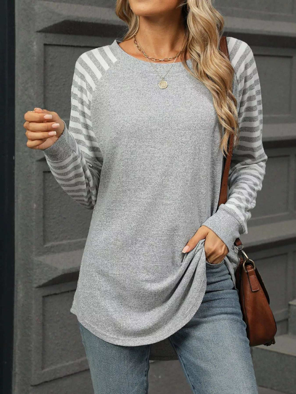 Striped Round Neck Raglan Sleeve T-Shirt - Trendsi - Flyclothing LLC