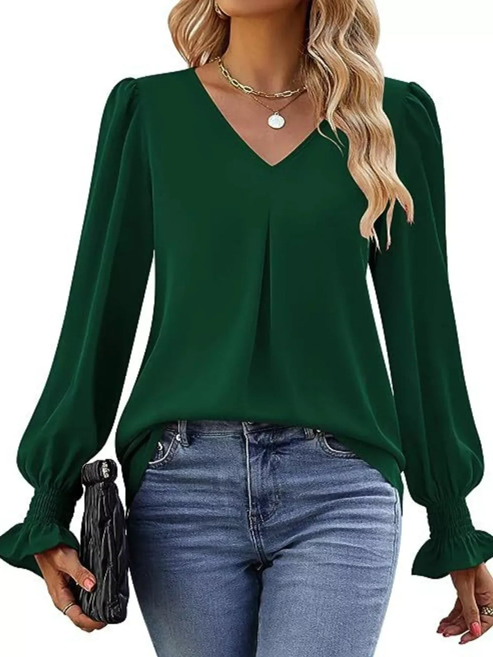 V-Neck Long Sleeve Ruffle Cuff Blouse - Trendsi - Flyclothing LLC
