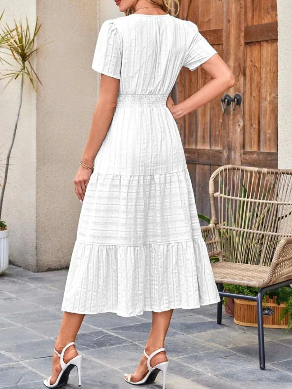 Tiered Notched Short Sleeve Dress - Trendsi - Flyclothing LLC