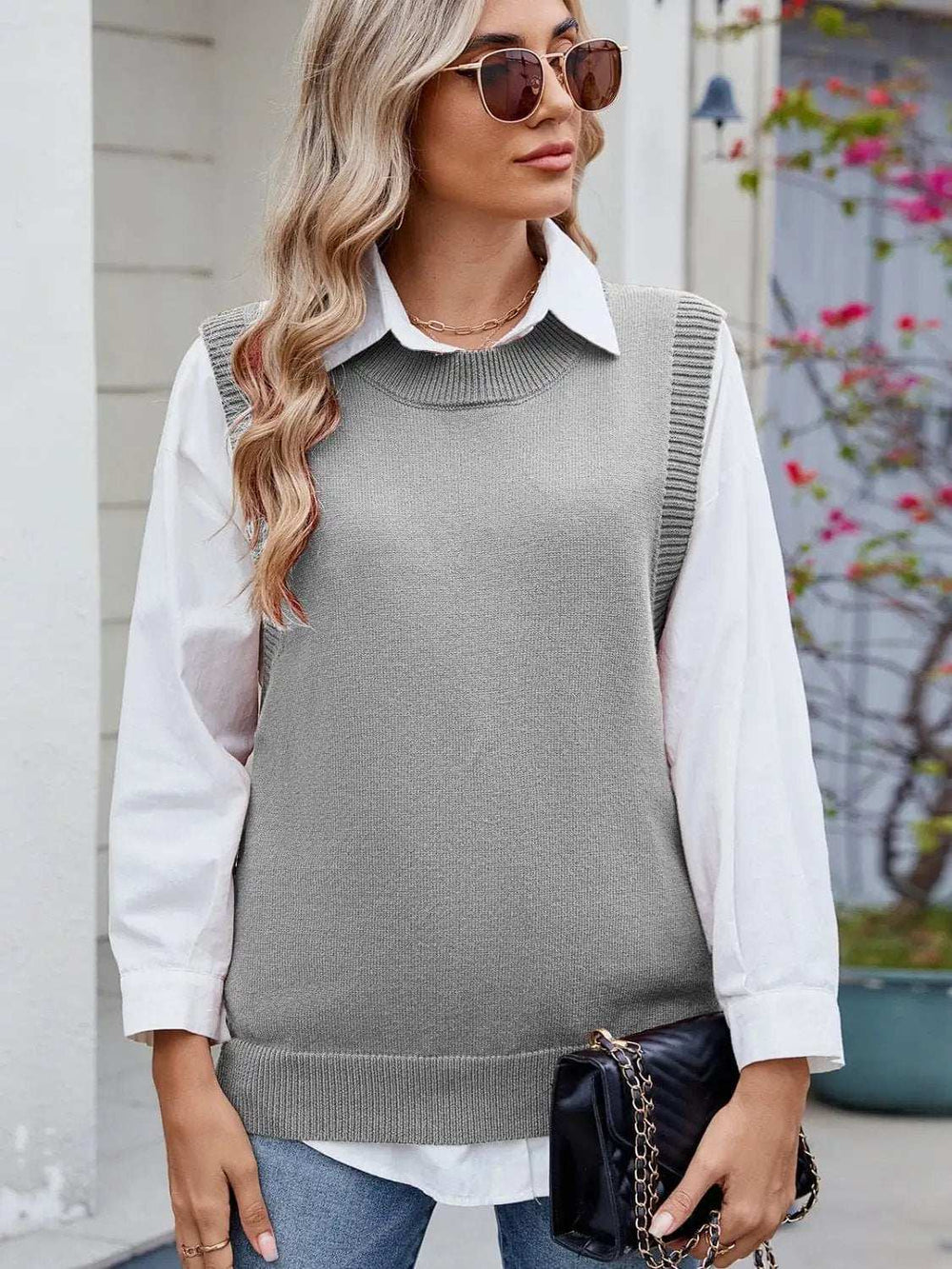Buttoned Round Neck Sweater Vest - Trendsi - Flyclothing LLC