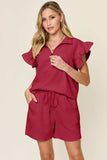 Double Take Full Size Texture Flounce Sleeve Top and Drawstring Shorts Set - Trendsi - Flyclothing LLC