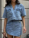 Johnny Collar Short Sleeve Top and Skort Denim Set - Trendsi - Flyclothing LLC