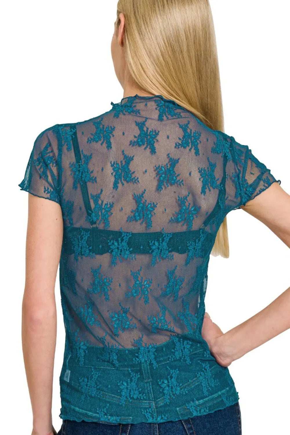 Zenana Lace See-through Layering Short Sleeve Top - Trendsi - Flyclothing LLC