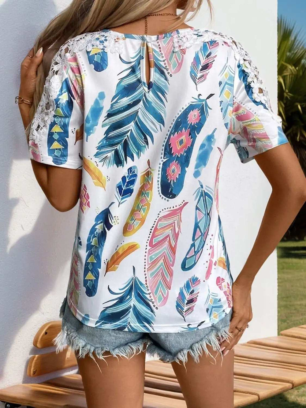 Printed Round Neck Lace Short Sleeve Top - Trendsi - Flyclothing LLC