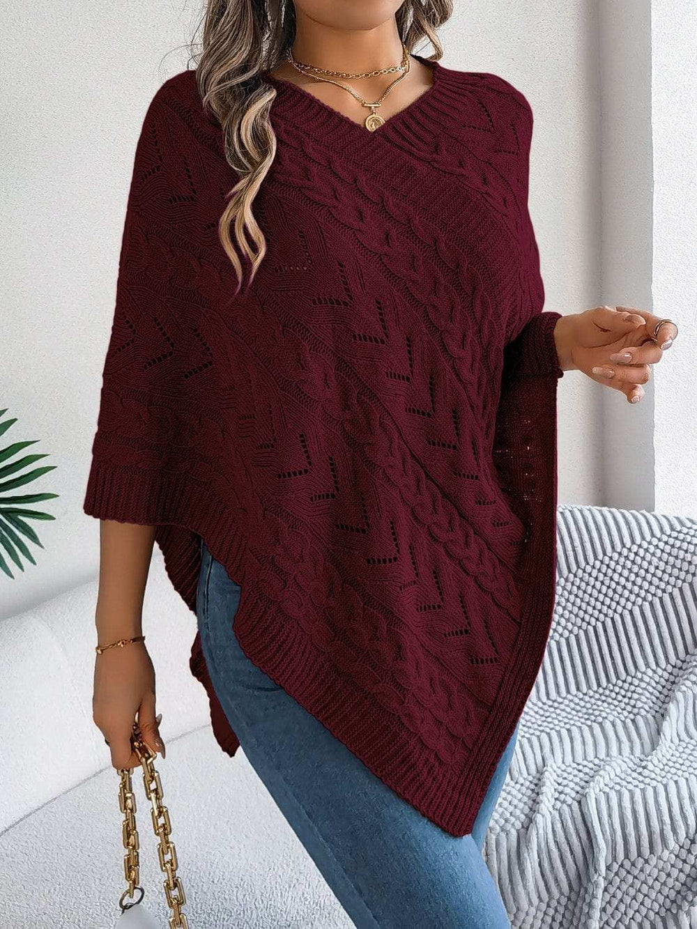 Cable-Knit Openwork Three-Quarter Sleeve Sweater - Trendsi - Flyclothing LLC