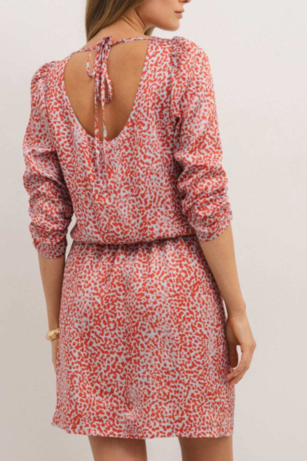 Slit Tied Printed Round Neck Mini Dress - Trendsi - Flyclothing LLC