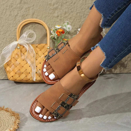 Leopard Open Toe Flat Sandals - Trendsi - Flyclothing LLC