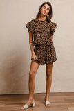 BiBi Leopard Print Waffle Texture Layered Ruffle Sleeve Top and Shorts Set - Trendsi - Flyclothing LLC