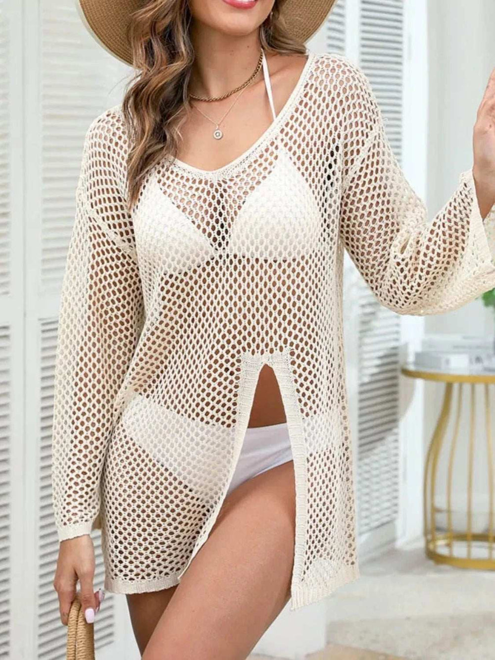 Openwork V-Neck Slit Cover-Up - Trendsi - Flyclothing LLC