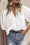 Eyelet Button Up Half Sleeve Blouse - Trendsi - Flyclothing LLC