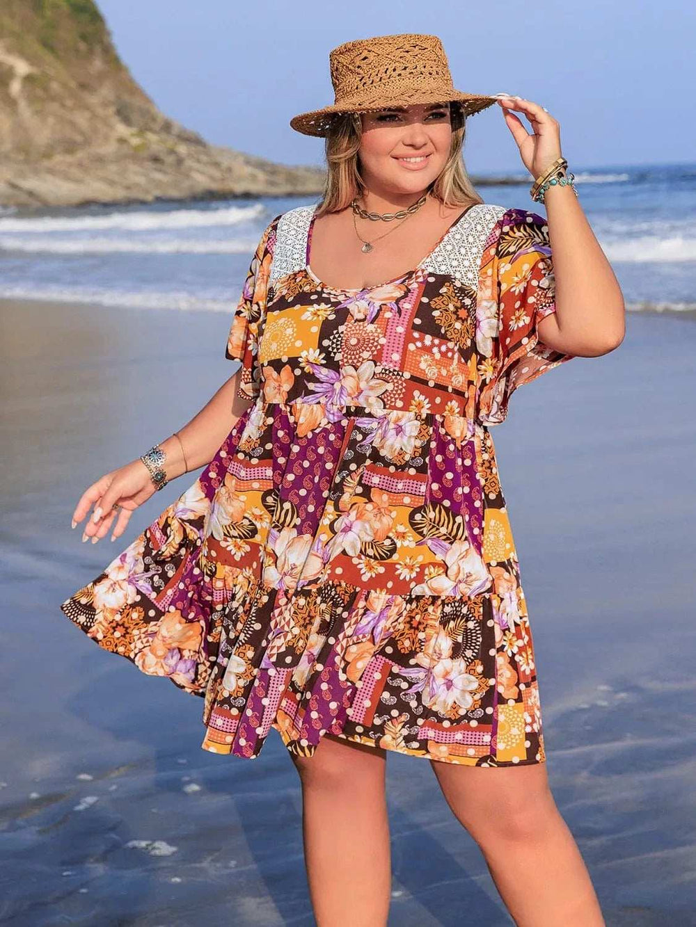Plus Size Printed Round Neck Short Sleeve Dress - Trendsi - Flyclothing LLC