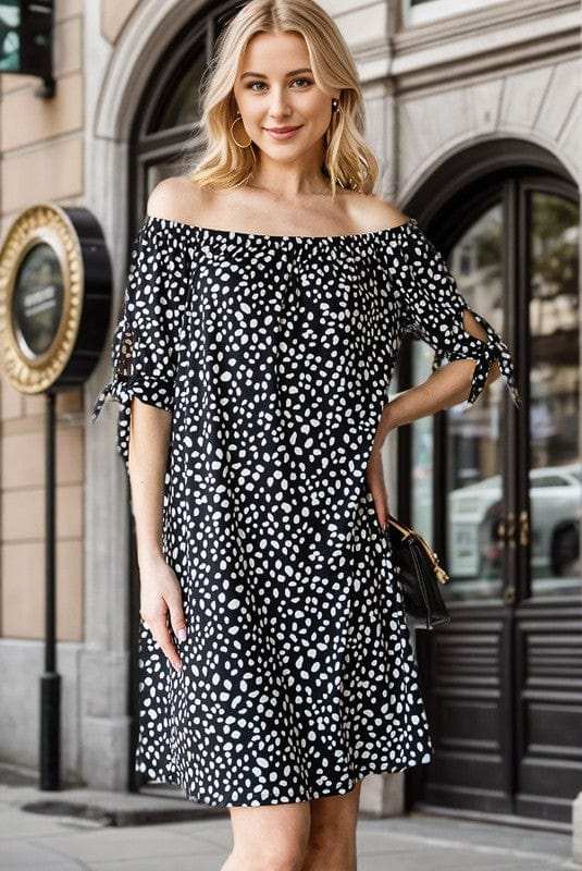 Heimish Full Size Short Sleeve Off Shoulder Animal Mini Dress Plus Size - Trendsi - Flyclothing LLC